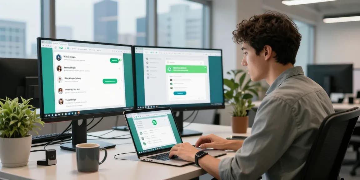 User interacting with WhatsApp電腦版 on laptop in a modern office setup.