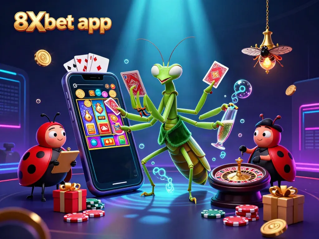 Experience the excitement of the 8Xbet app with vibrant casino elements and colorful characters!