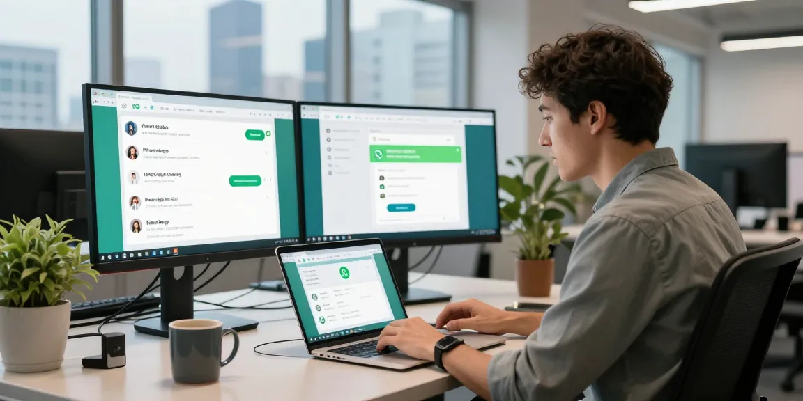 User interacting with WhatsApp電腦版 on laptop in a modern office setup.