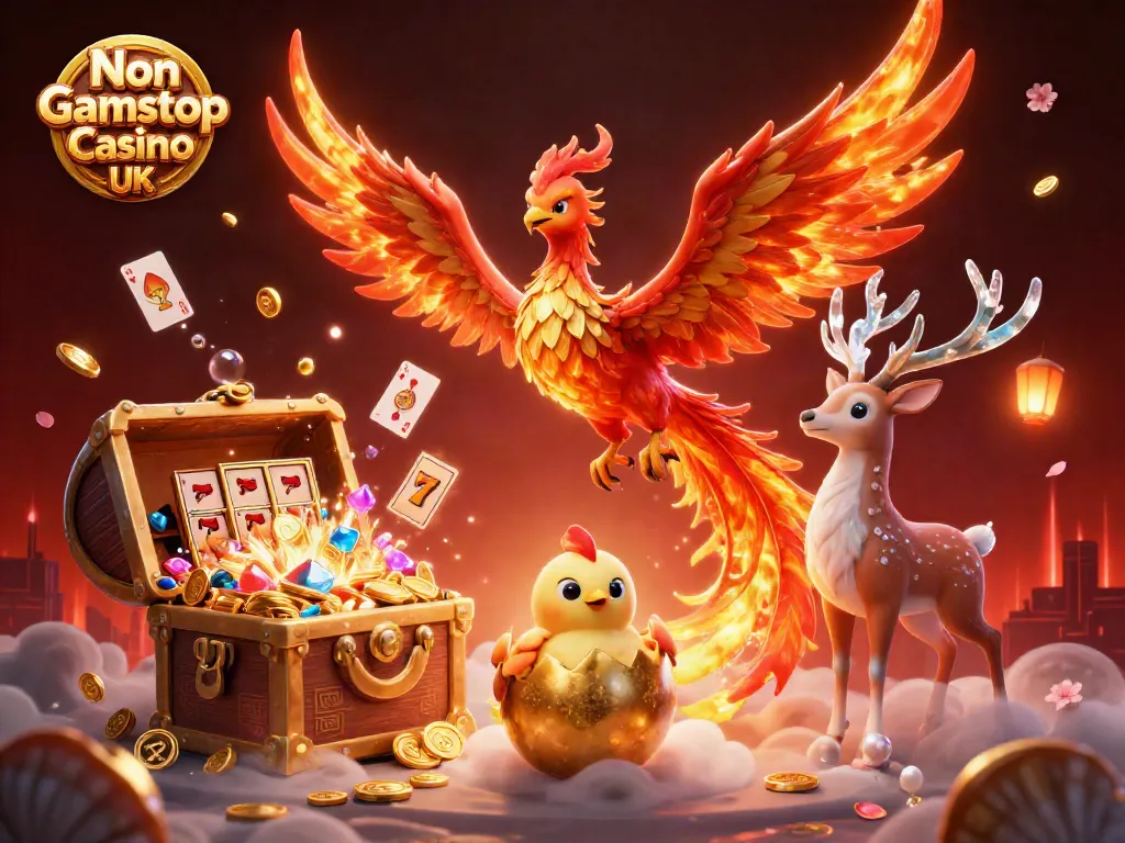 Engage with top non Gamstop Casino UK visual art featuring a phoenix and dynamic gaming elements.