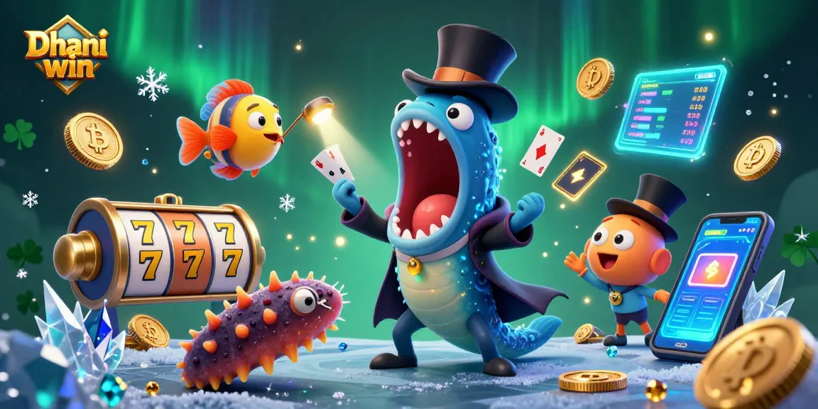 Dhani win showcases a magical gambling scene with an eel and anglerfish performing casino tricks.