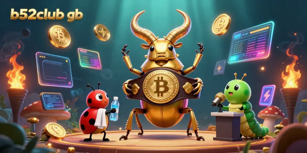 Engage in thrilling gaming at b52club gb with a dynamic 3D illustration featuring a golden stag beetle and vibrant elements.