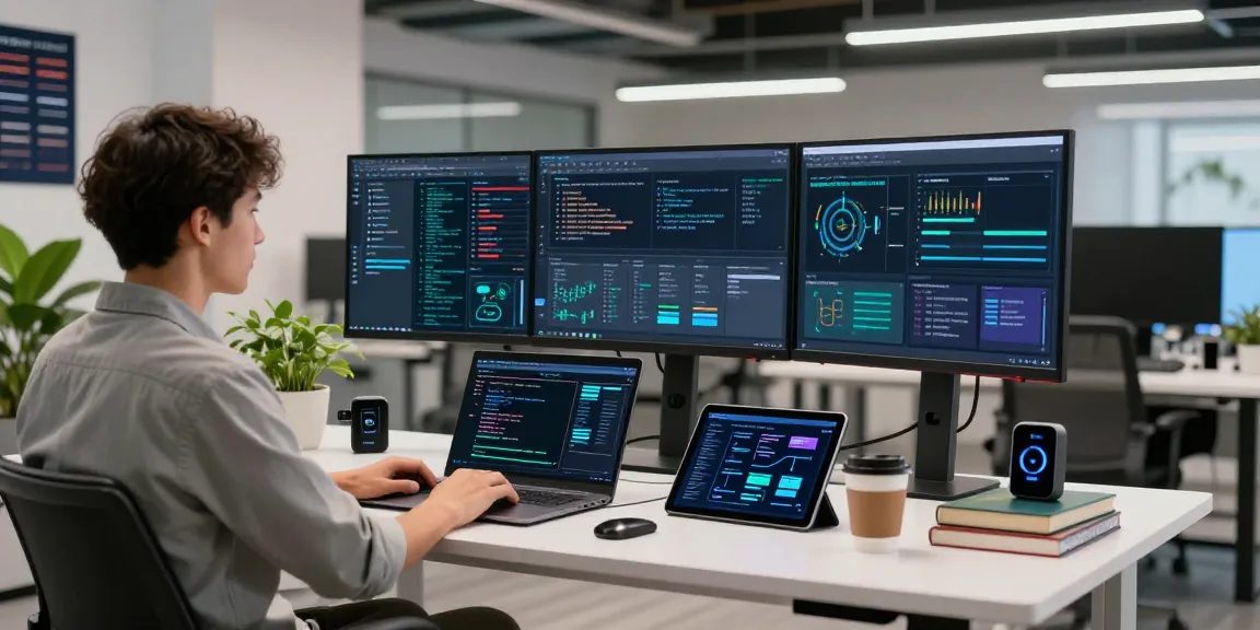 Workspace showcasing AI automation in action with software engineer analyzing data on multiple monitors in a modern tech environment.