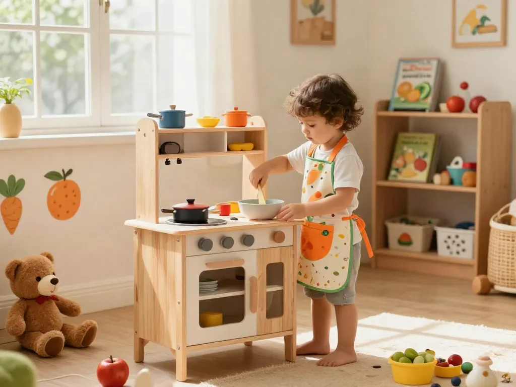 Child playing with a wooden play kitchen set, surrounded by colourful accessories, in a bright playroom.