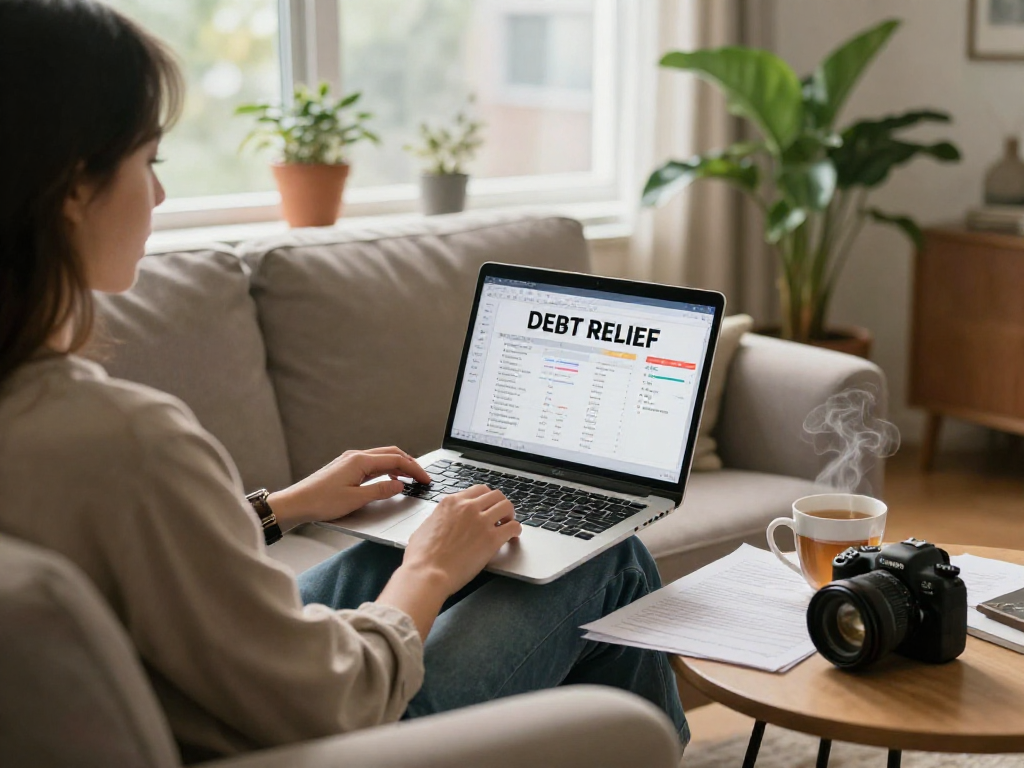Cozy living room depicting a person seeking debt relief Canada, focusing on financial planning and personal finance.