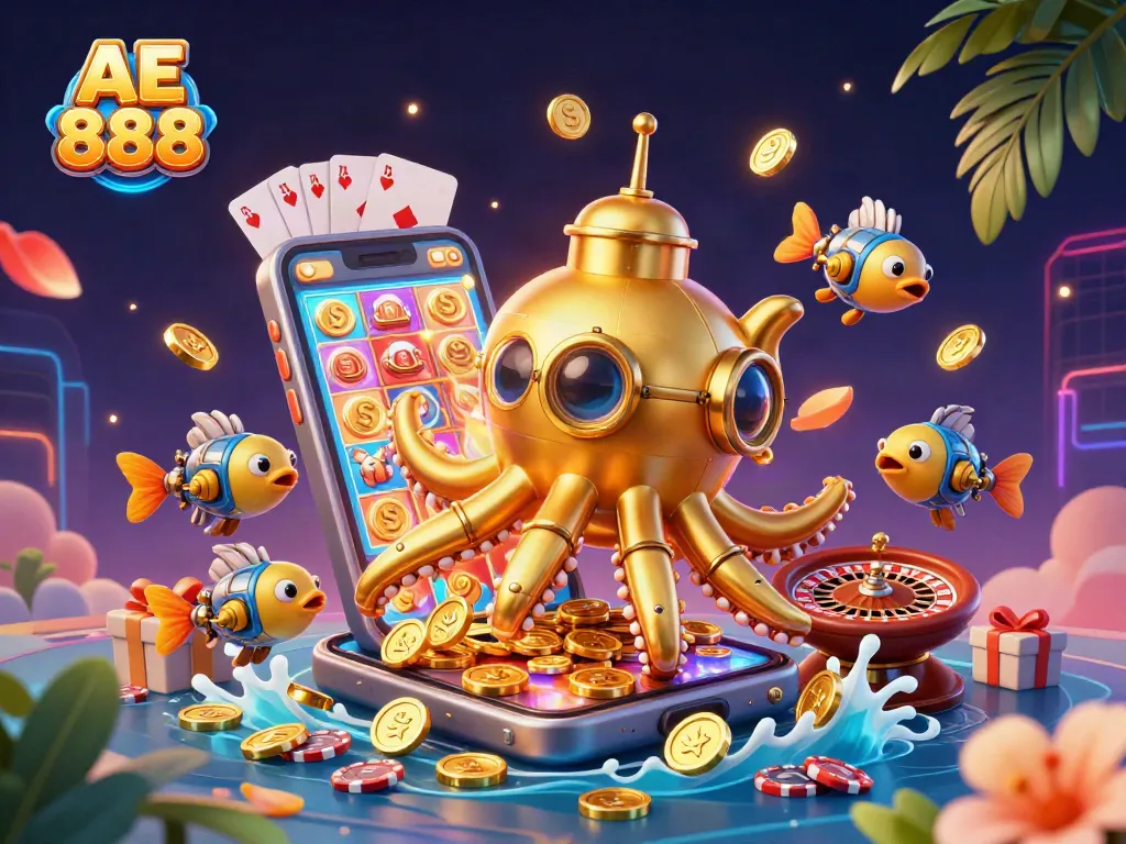 Win big with AE 888's vibrant casino scene featuring a golden kraken and slot games.