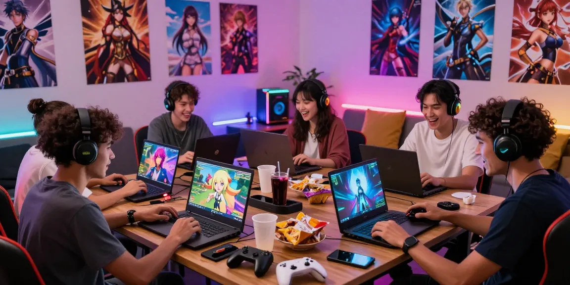 Engaged group playing a lively hentai game in a colorful gaming setup.