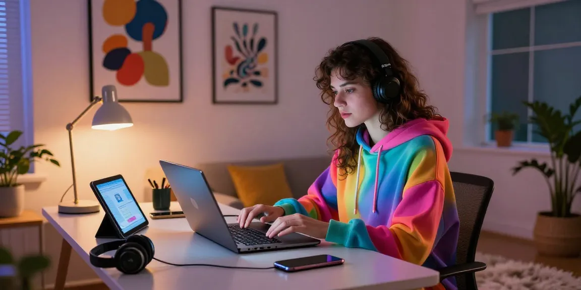 Young woman in loungewear engaging in an AI porn chat in a cozy home office.