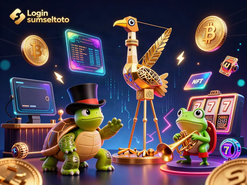 Engage with Login sumseltoto's dynamic casino scene featuring a flapper crane, turtle, and trumpet-playing frog.