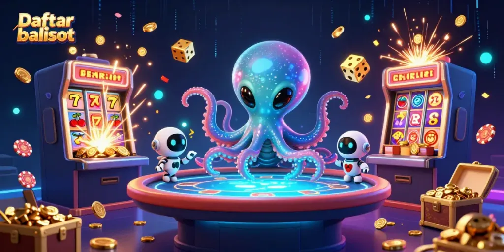 Engage with Daftar balisot at a holographic poker table surrounded by a jackpot explosion