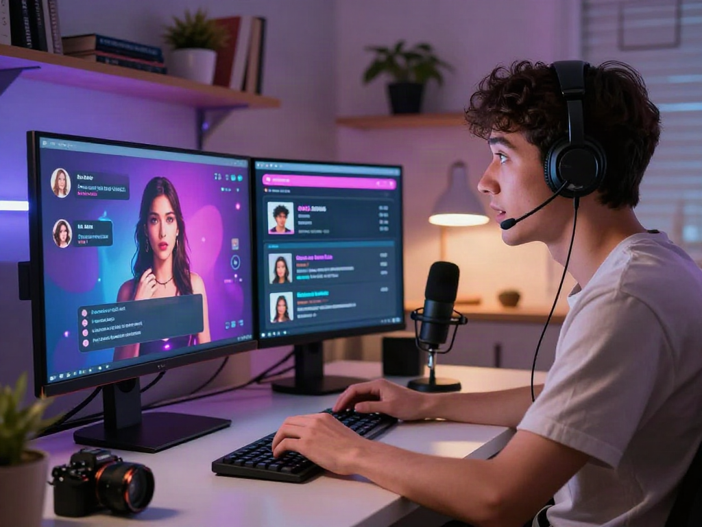 Immersive AI porn chat experience with user engaging on dual screens in modern setting