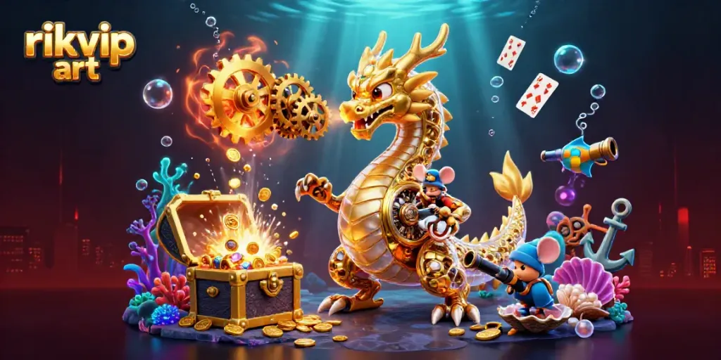 Experience rikvip art as a golden dragon unleashes treasures in an immersive 3D casino scene.