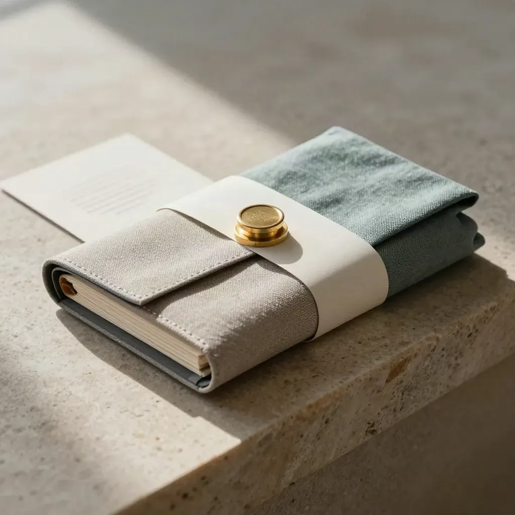 Export bundle with folio case, brass seal stamp and teal pouch on limestone in soft window light.