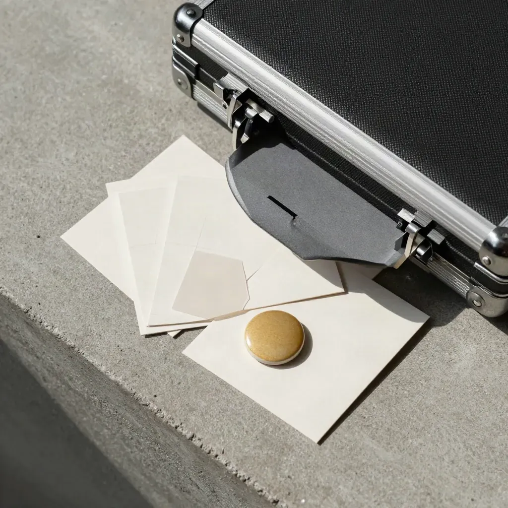 Open charcoal briefing case with sample cards, swatches and ceramic token on concrete flatlay.