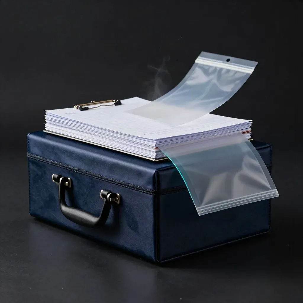 Navy due-diligence box with sleeves flaring open on a dark studio surface.