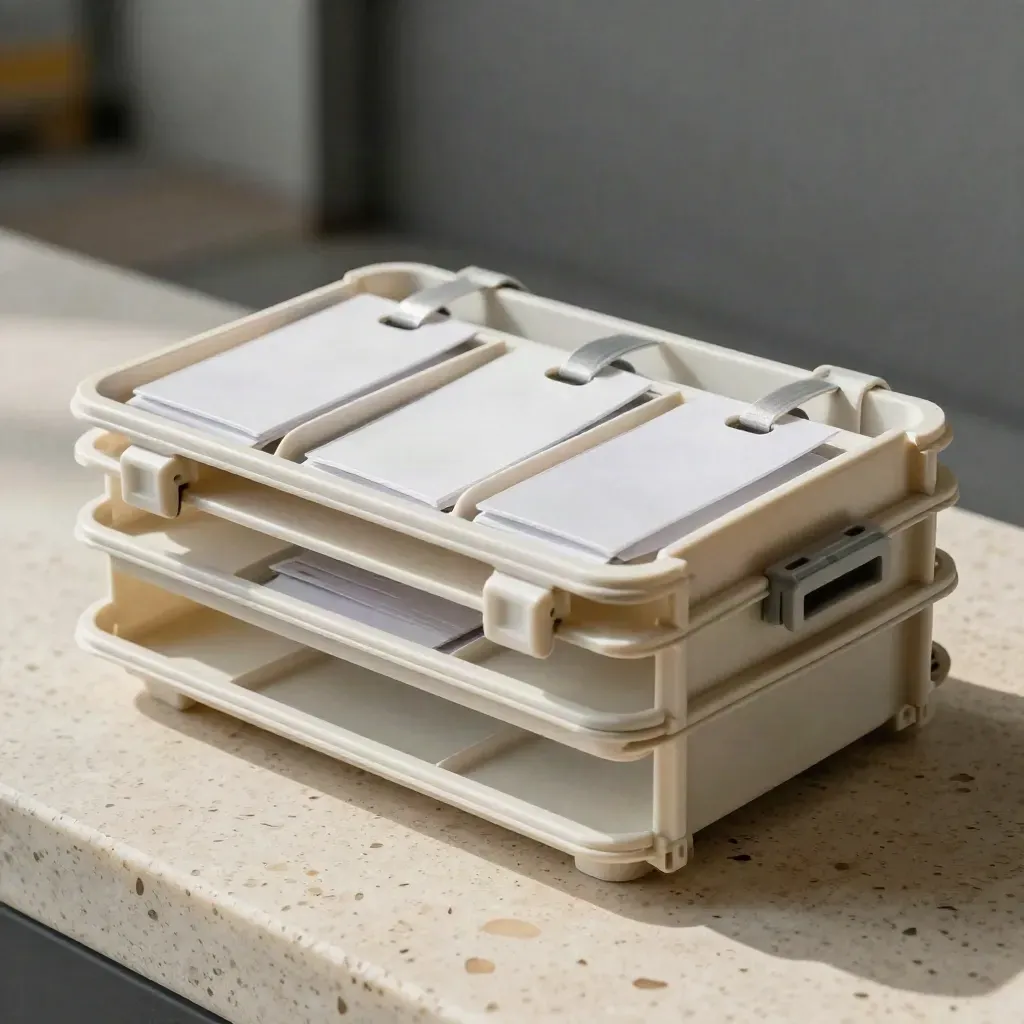 Off-white operations kit with trays, ties and tags on travertine in soft side light