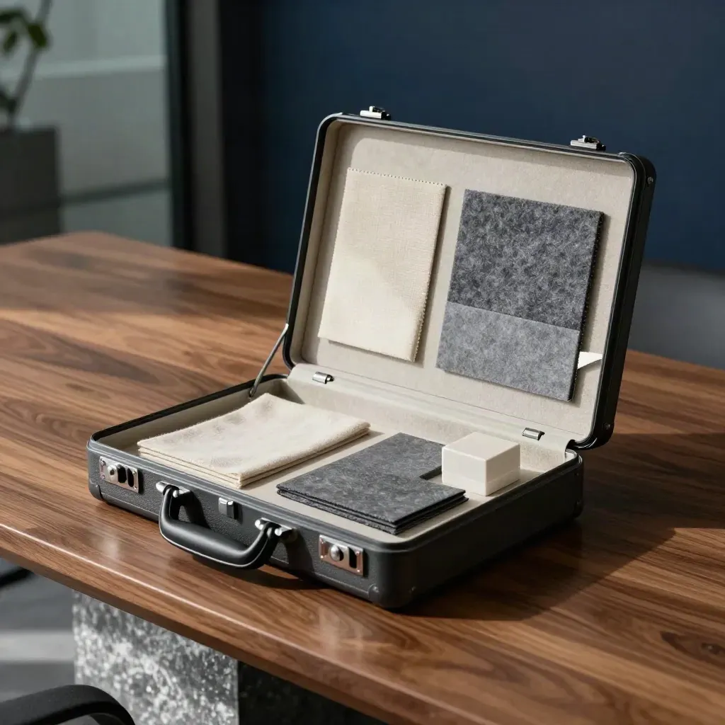 Open graphite briefcase with sample swatches, cloth and ceramic cube on walnut surface