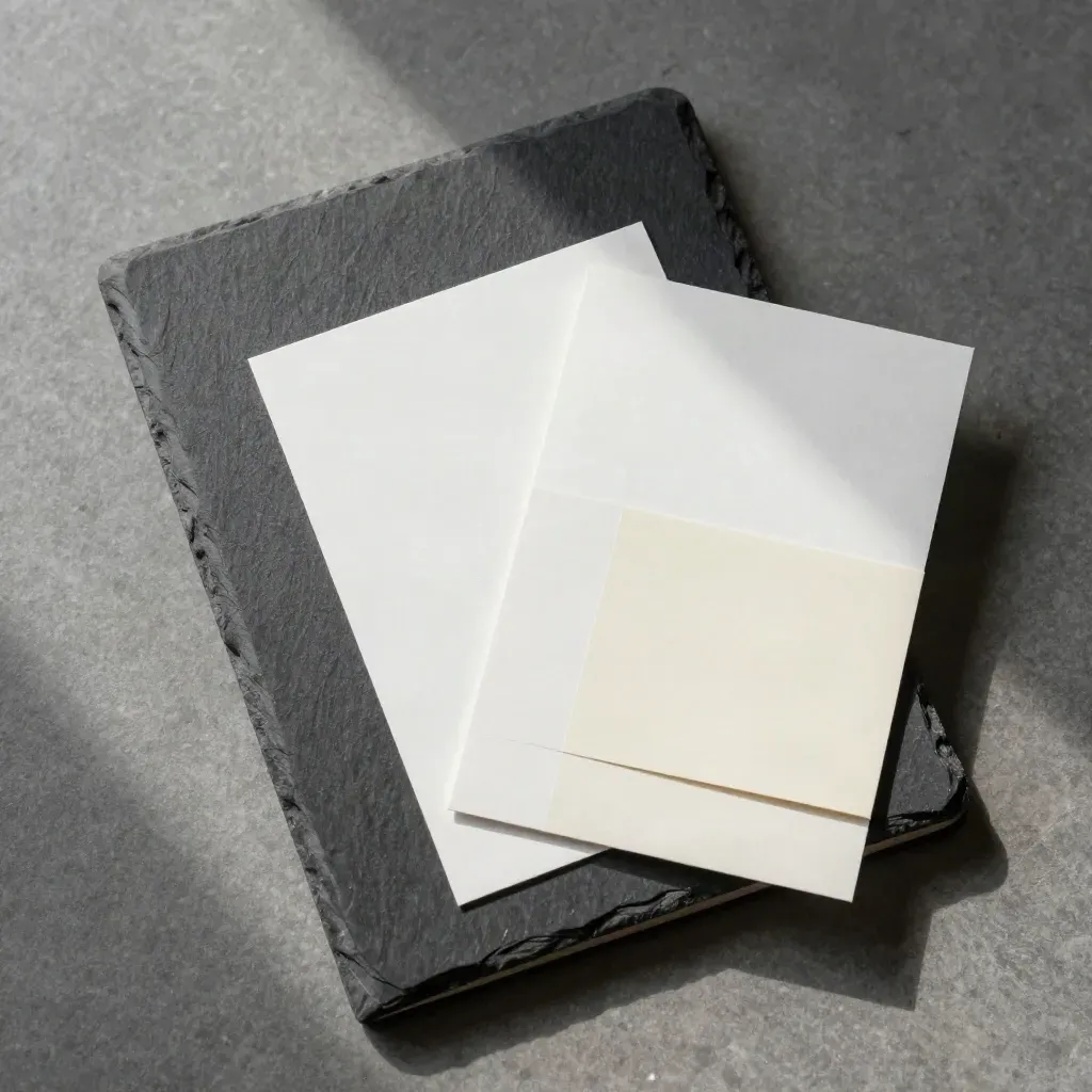 Overhead stone flatlay of a slate folio with overlapping proof cards and a closed notebook.