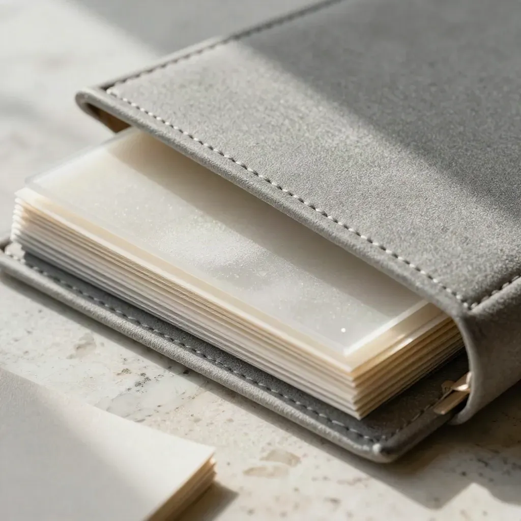 Stone-gray research folio with acetate cards and swatches on travertine, macro close-up.