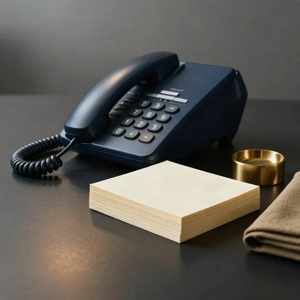 Matte navy call-prep kit with a corded desk phone, blank cards, and cloth pad on a black surface.