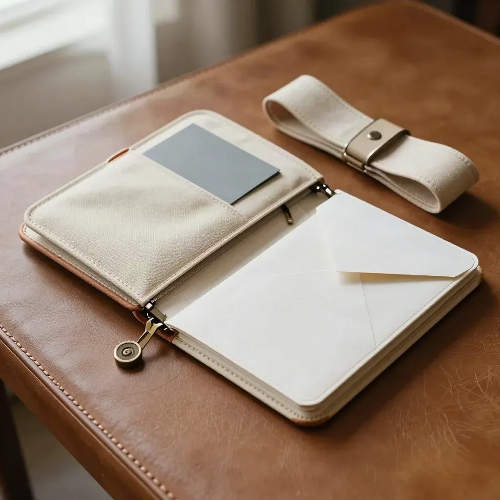 Cream business travel kit with folio, sealed sample envelope, and canvas pouch on leather