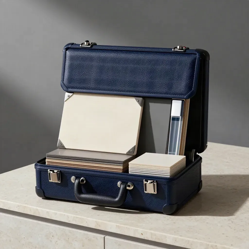 Open deep navy supplier-check case with swatches, metal corners and a sample tube on travertine.