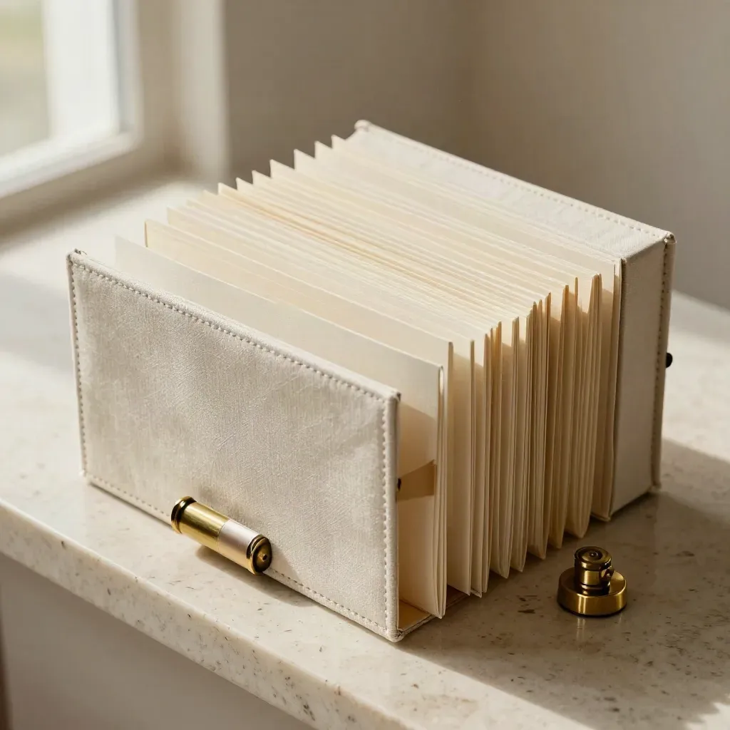 Cream accordion folder open with brass paperweight and ribbon marker on travertine.