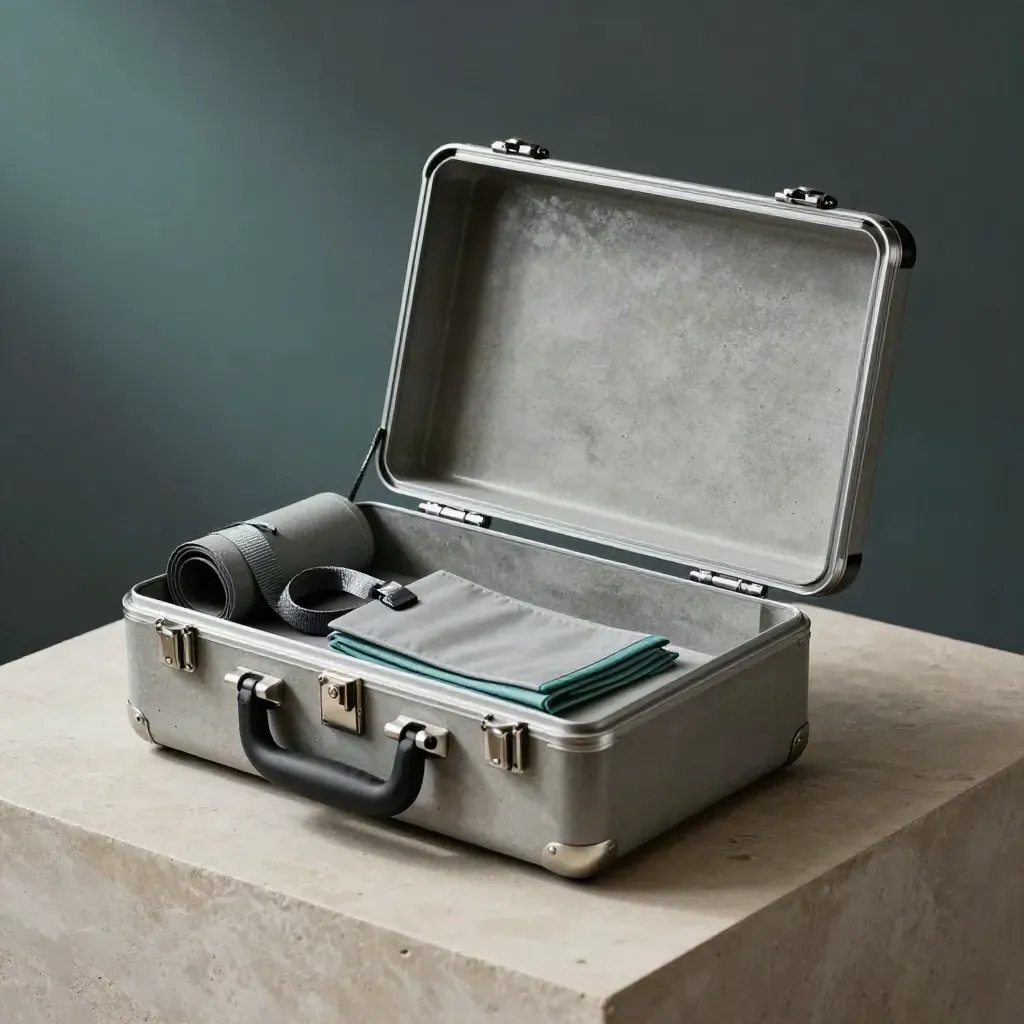 Open event-kit case with banner sleeve, lanyard, and folded swatch on stone