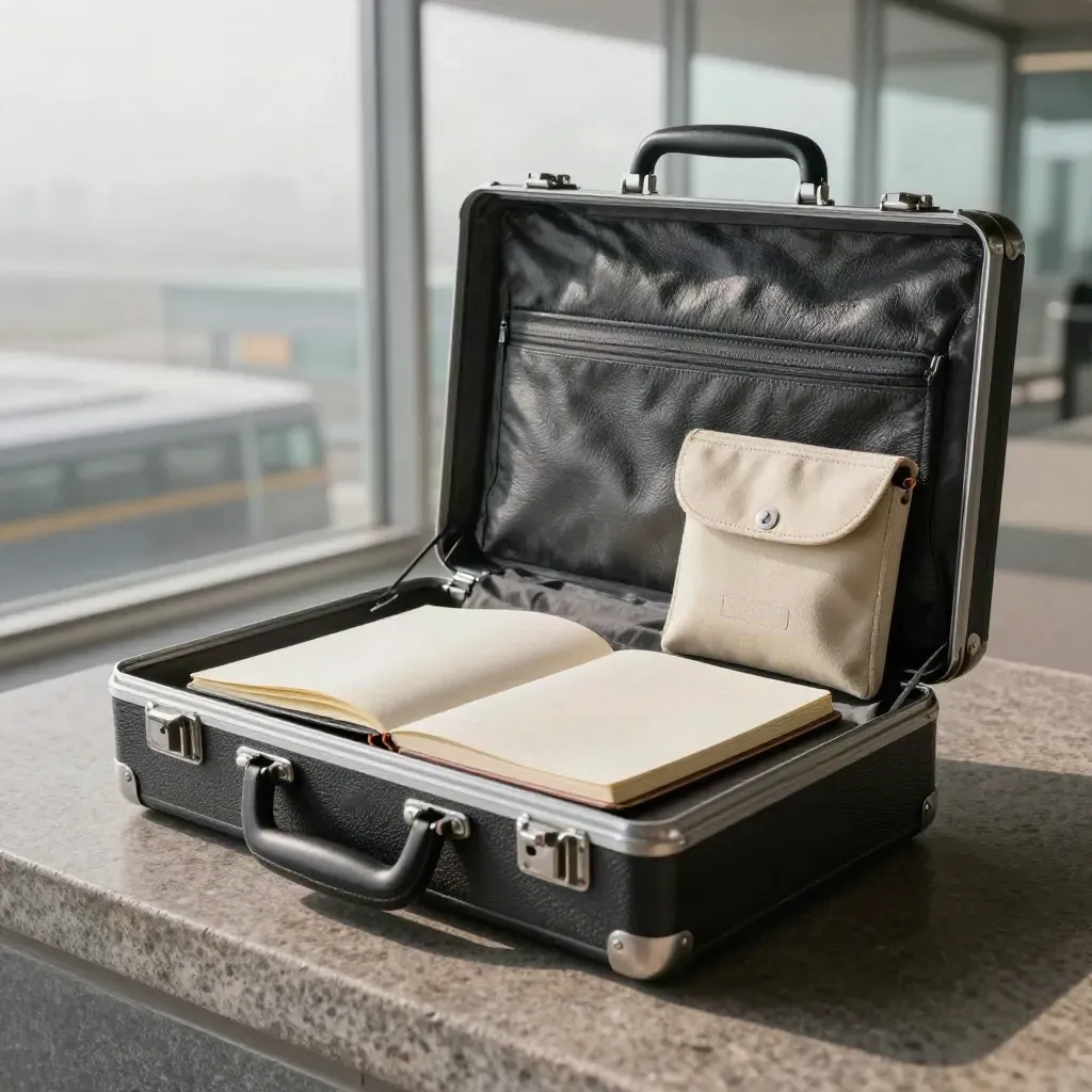 Slate travel brief case partly open with notebook and sample pouch in misty morning light.