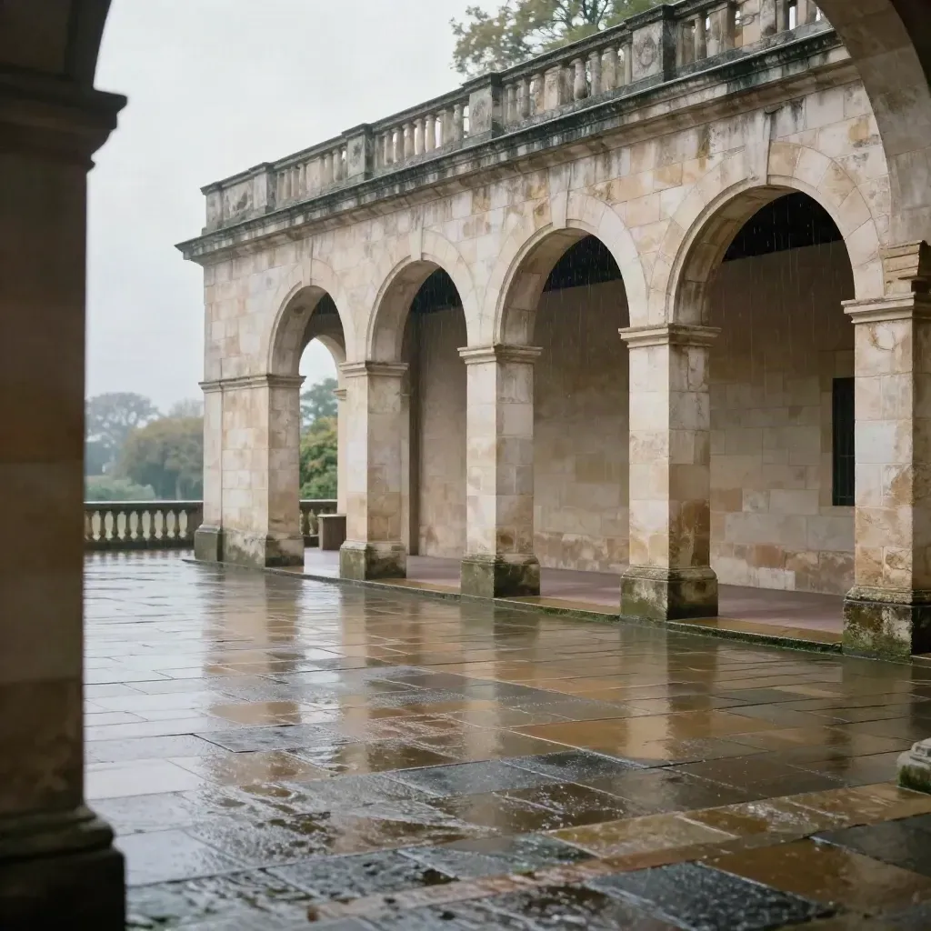 Rain-washed stone arcade above calm open paving with soft foliage and mist