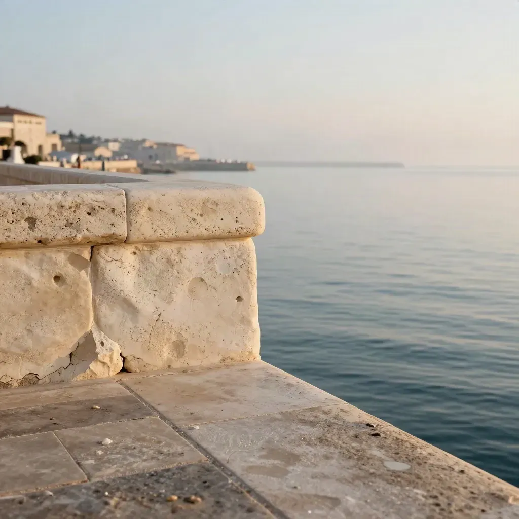 Golden sunrise over a limestone harbor parapet with distant city haze and open water below