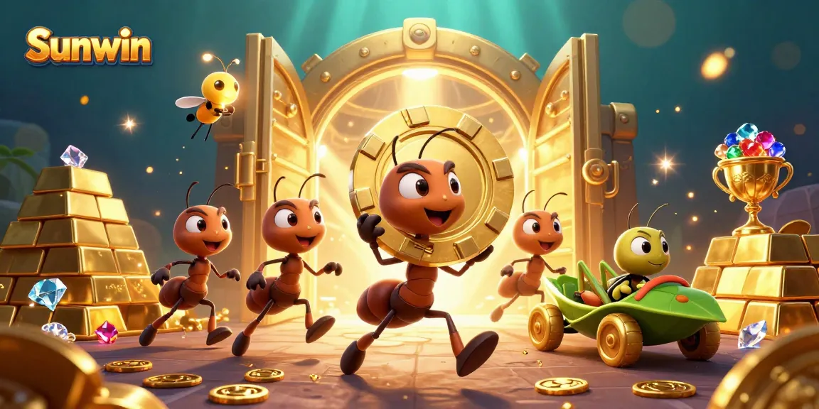 Sunwin ants executing a clever heist for a giant poker chip, ensuring thrilling gameplay.