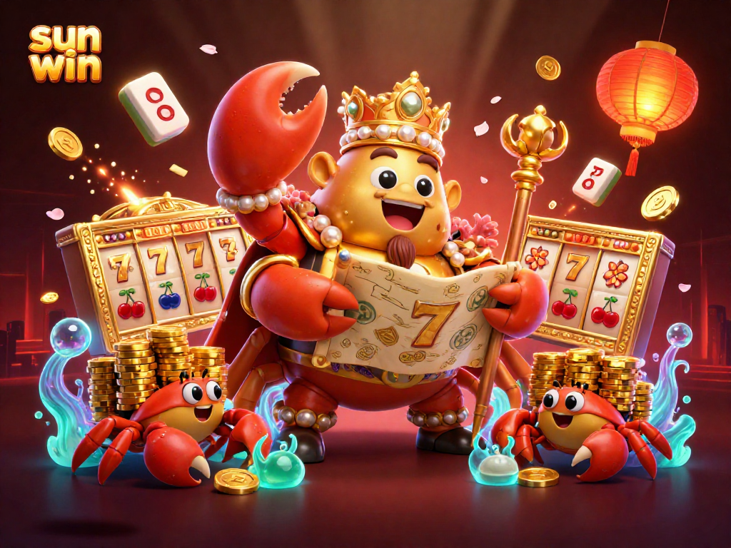 Play the sun win slots with golden crab emperor and lucky symbols in a vibrant casino scene.