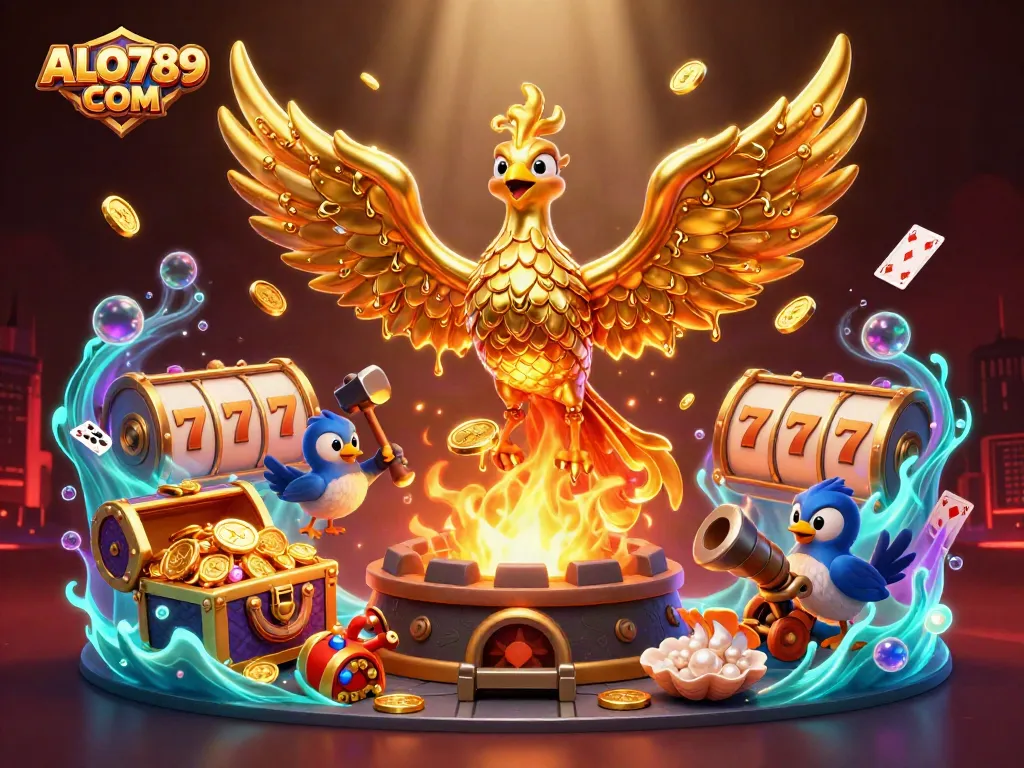 Engage with thrilling games at ALO789 COM featuring a dynamic scene of casino elements and a molten gold phoenix.