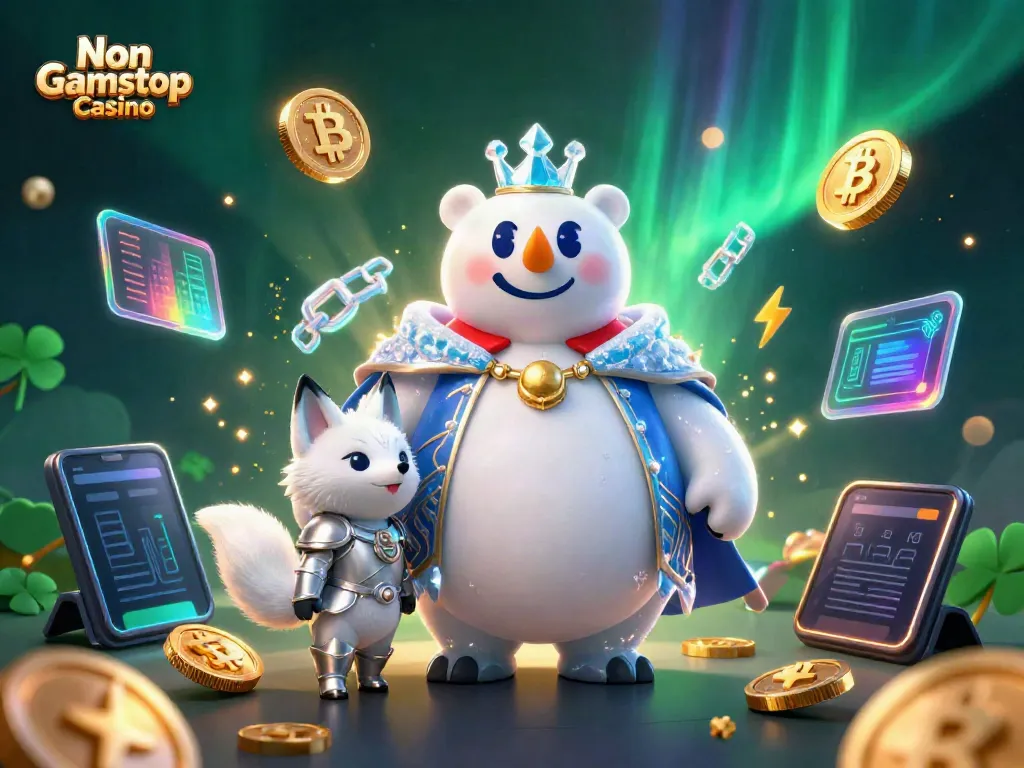 Engage with the Non Gamstop Casino in a vibrant 3D scene featuring a cartoon ice king and snow fox.