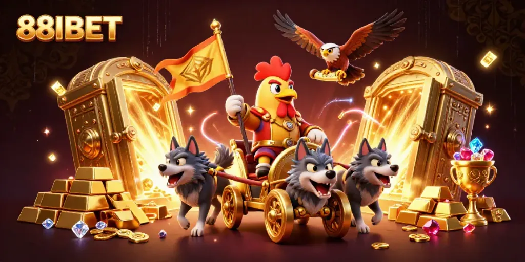 Engage in the vibrant world of 88IBET with a dynamic casino scene showcasing epic characters, gold treasures, and neon highlights.