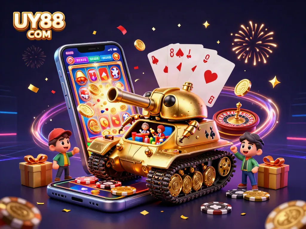Play exciting casino games like slots with UY88 COM featuring vibrant graphics and golden coins!