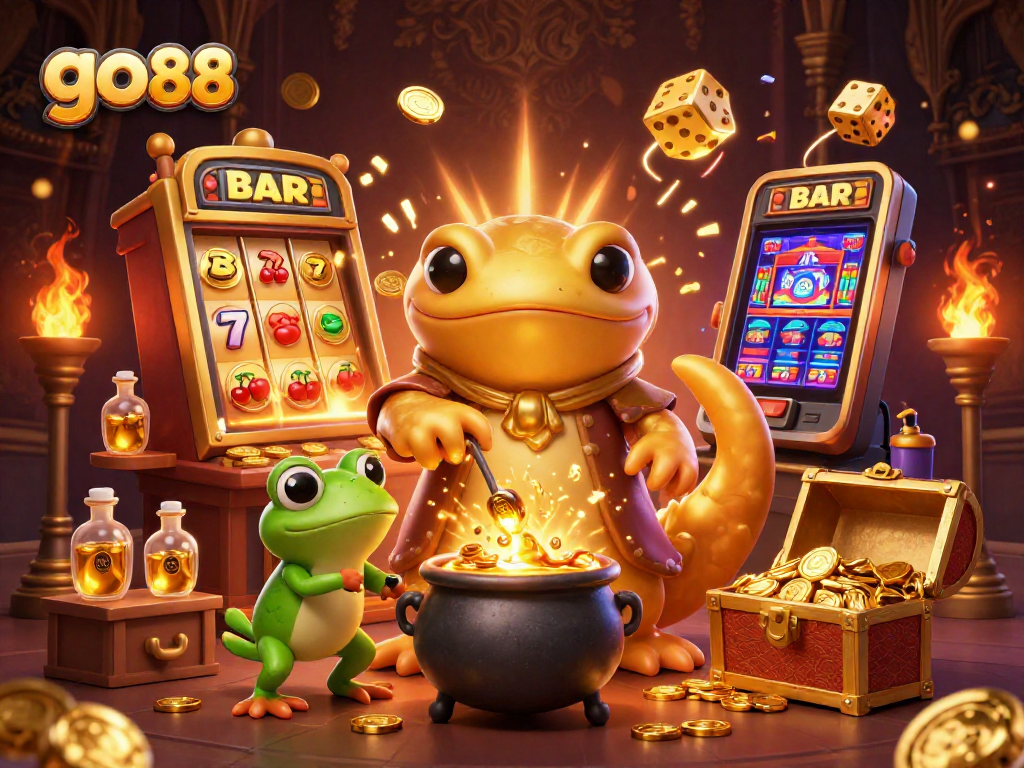 Experience the magic of go 88 as golden alchemists transform games into treasures, showcasing vibrant slots and casino life.