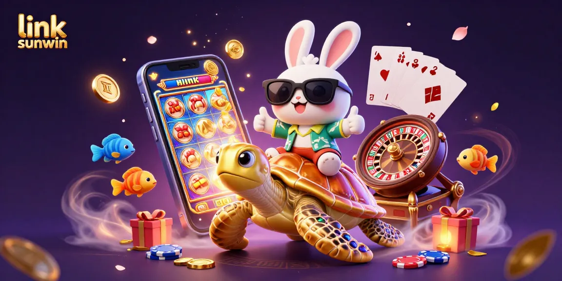Spin and win with link sunwin at this colorful casino illustration featuring lively characters.