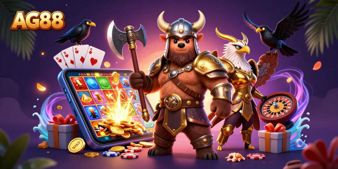 AG88 enhances the gaming experience with a vibrant Viking casino scene filled with excitement.