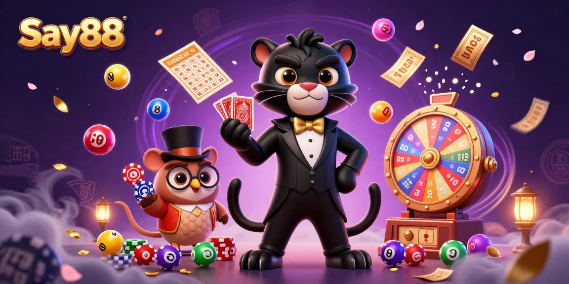 Engage in thrilling action at Say88's vibrant gaming hub featuring lively characters and dynamic casino elements.