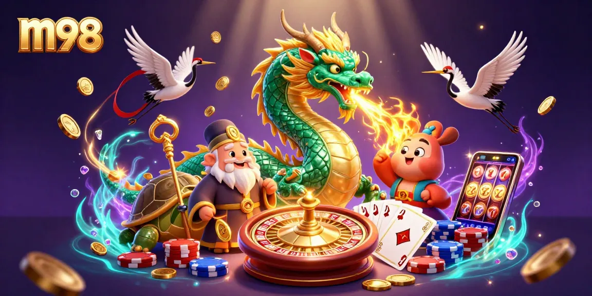 Engage with m98 casino action featuring a dragon and turtle among golden coins.