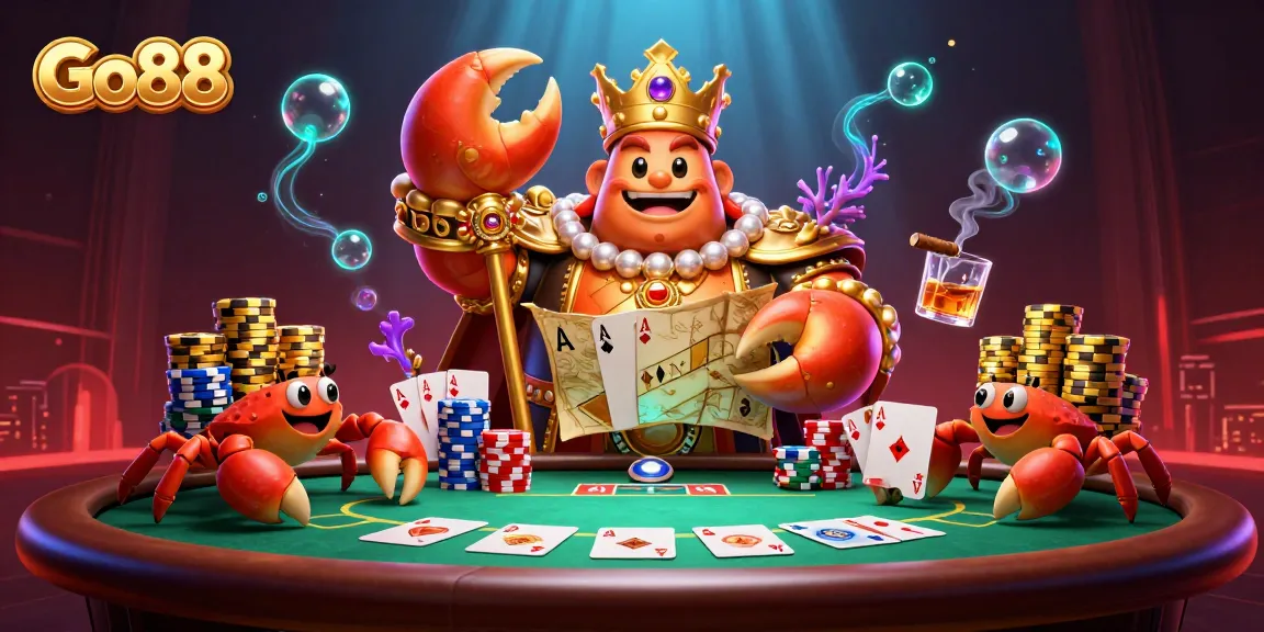 Go88 casino scene featuring a golden crab emperor and vibrant poker action in 3D.