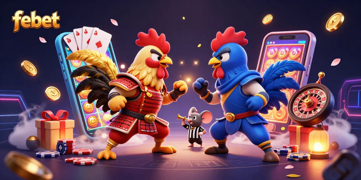 Engage in thrilling gameplay at febet with cartoon roosters, slot games, and vibrant elements.