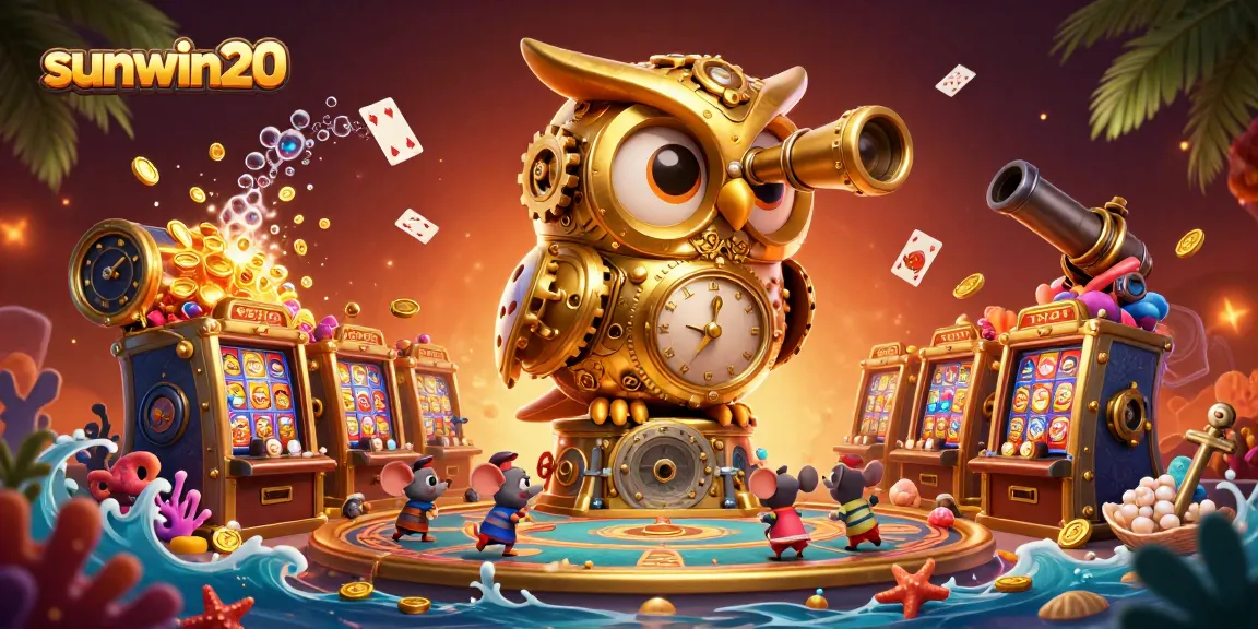Experience the excitement of sunwin20 with a vibrant casino scene featuring a golden owl and treasure treasures.